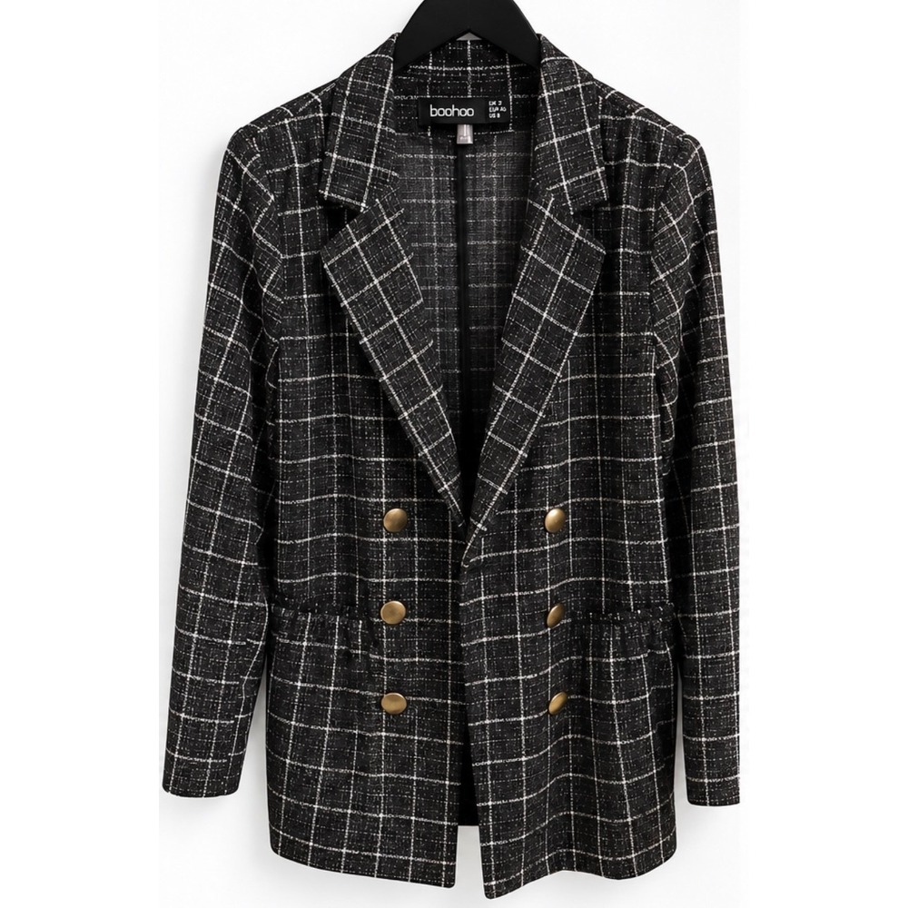 Boohoo Womens Black White Plaid Grid Double Breasted Blazer Shoulder Pads US 8